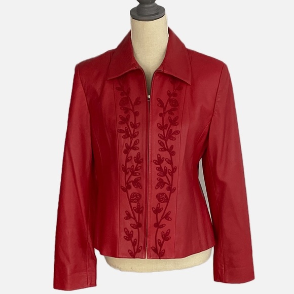 Jones New York Leather Jacket Embroidered Floral Size 8 Red Zip Lined Pockets - Picture 13 of 13